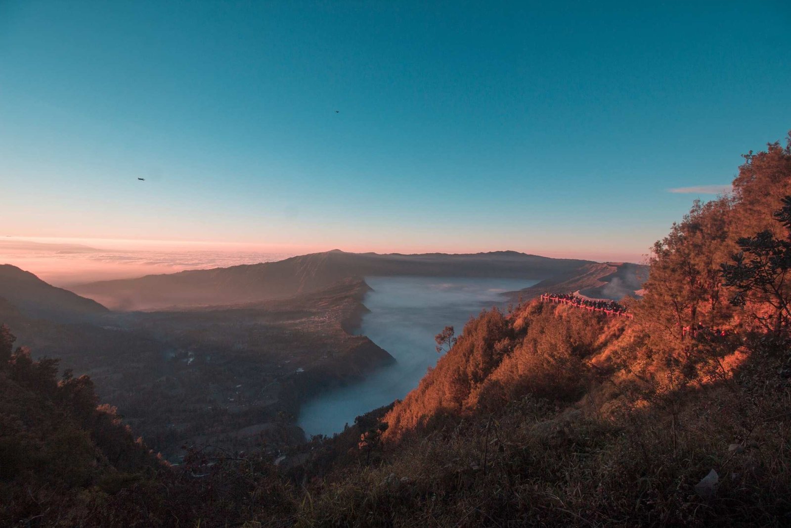 Mount Bromo caldera landscape during sunrise as seen on a Mount Bromo sunrise tour in East Java Indonesia