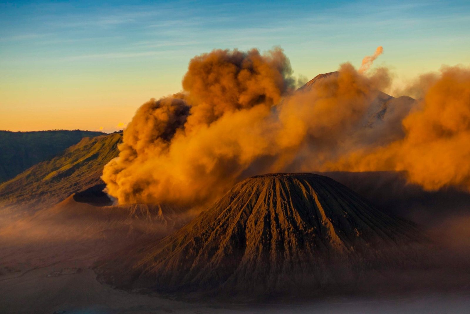 Panoramic view of Tengger caldera and Mount Bromo volcano in East Java Indonesia