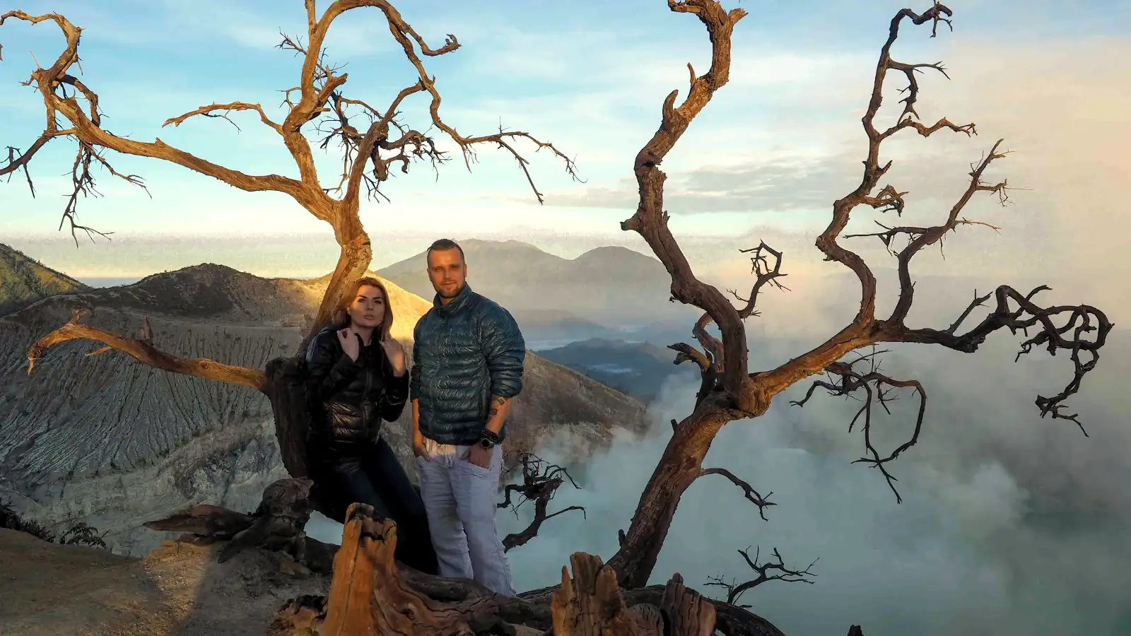 The stunning turquoise acidic lake inside the Ijen Crater at sunrise